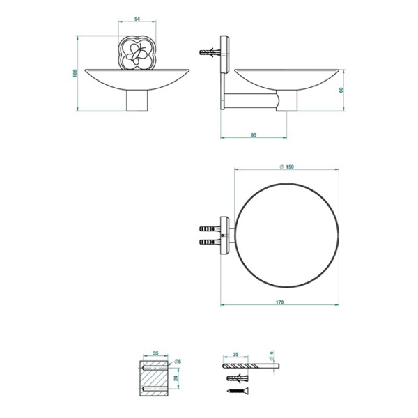 THG THG CAPUCINE VERT DECOR PLATINE Мыльница подвесная ø150 мм., декор зеленый, цвет: хром