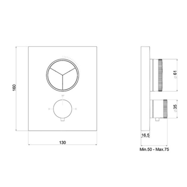 смеситель almar push square core e176683.cr для душа, встраиваемый, термостатический, внешняя часть, на 3 выхода, цвет хром