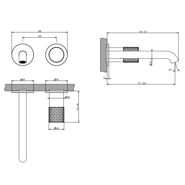 gessi gessi habito intreccio смеситель для раковины, настенный, цвет: black metal brushed pvd