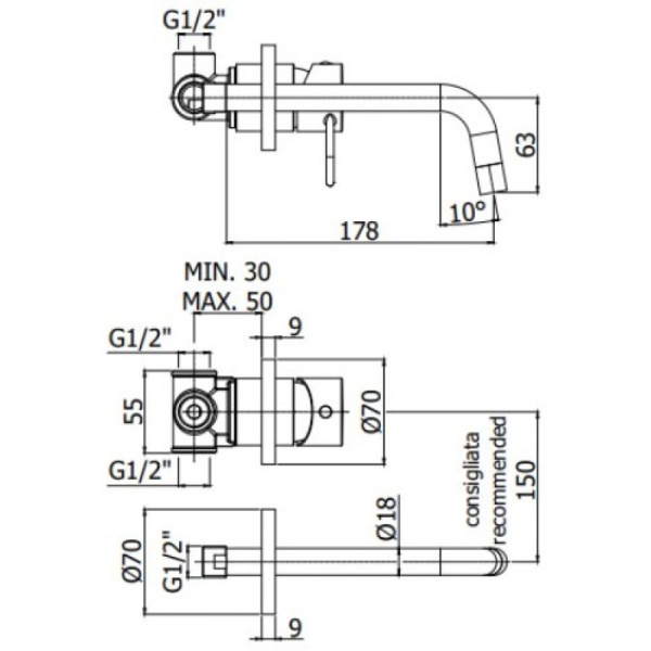 смеситель paffoni joker jk006no70 для раковины, без донного клапана, встраиваемый, с внутренней частью, излив 17.8 см, черный матовый
