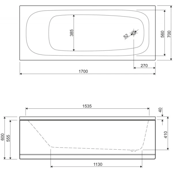 акриловая ванна cezares eco 170х70 eco-170-70-41-w37 без гидромассажа