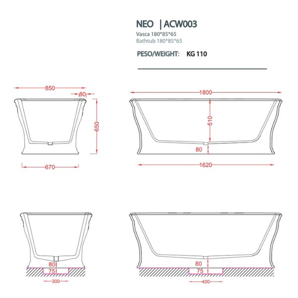 artceram neo ванна отдельностоящая, 180х85хh65см, с переливом и слив.крышкой, livingtec, цвет: черный глянцевый