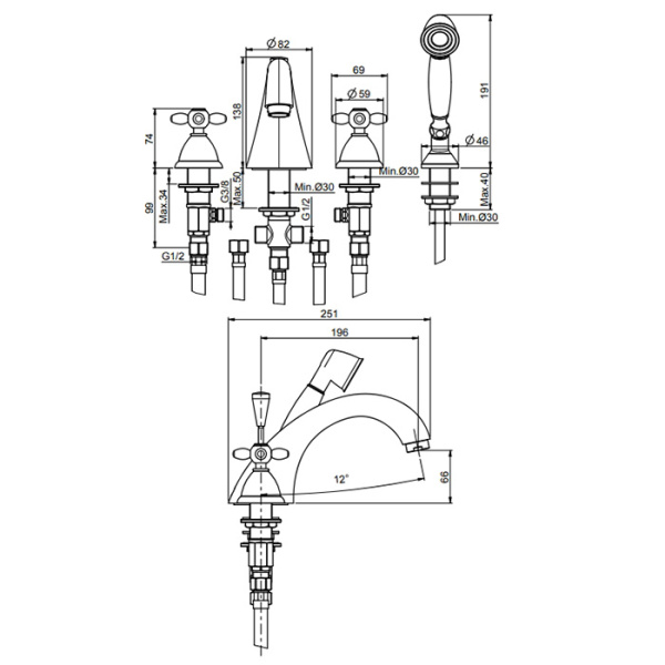 смеситель fima carlo frattini olivia f5014or на борт ванны, на 4 отв., с ручным душем, золото