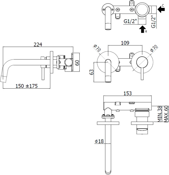 смеситель paffoni light lig101hgsp70 для раковины, без донного клапана, встраиваемый, с внутренней частью, излив 17.5 см, золото медовое брашированное