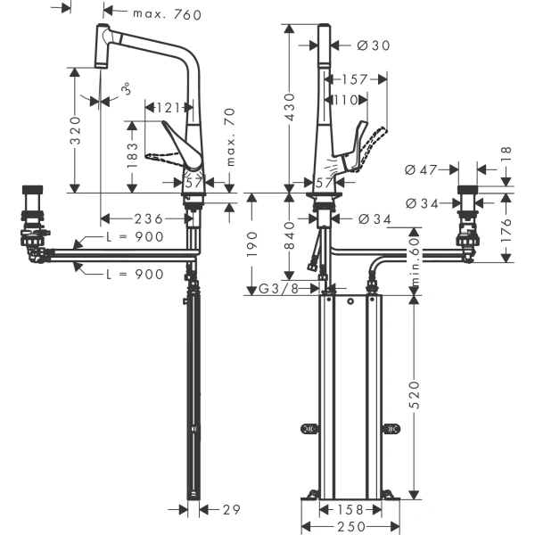 смеситель для кухни hansgrohe metris m71 73806800, сталь
