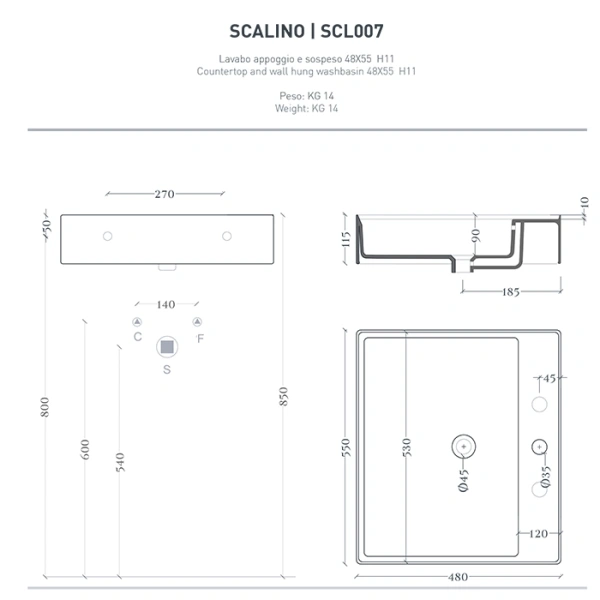 раковина, artceram, scalino, шгв 550*480*115, отверстия для смесителя-1 сквозное, 2 промаркированных, цвет-белый глянцевый