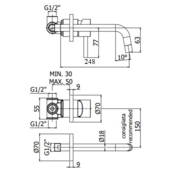 смеситель paffoni light lig007hgsp70 для раковины, без донного клапана, встраиваемый, с внутренней частью, излив 24.8 см, золотой матовый
