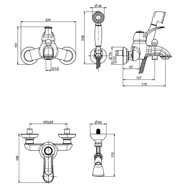 смеситель fima carlo frattini lamp f3304or для ванны, настенный, с ручным душем, золото