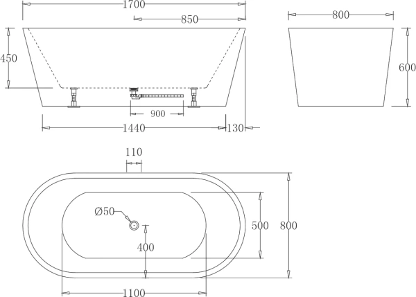 акриловая ванна belbagno bb71-1700-nero-w0 170x80 см, без гидромассажа, цвет черная / белая