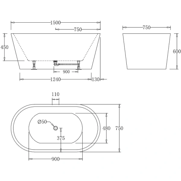 акриловая ванна belbagno 150x75 bb71-1500-w0 без гидромассажа