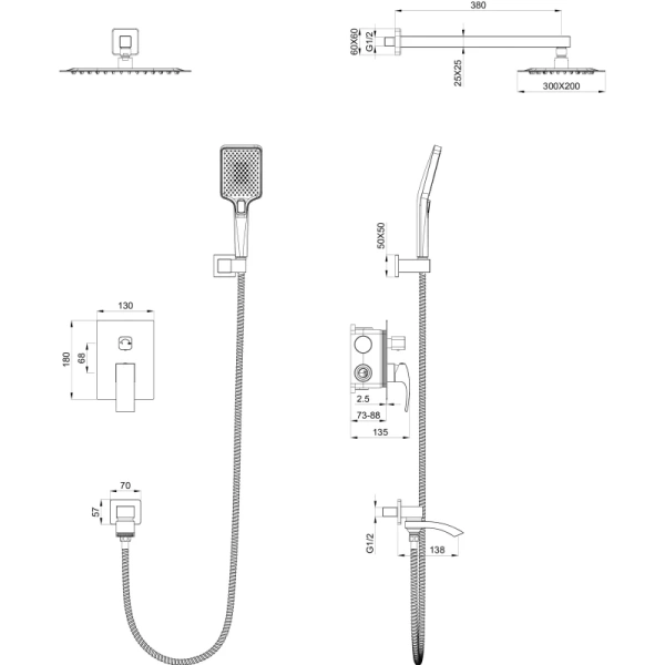 душевой комплект wonzon & woghand fit ww-88939009a-mb 300x200 мм, со смесителем, черный матовый