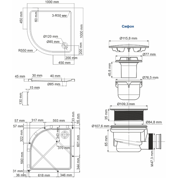 душевой поддон wasserkraft isen 100×100 26t23 белый глянец