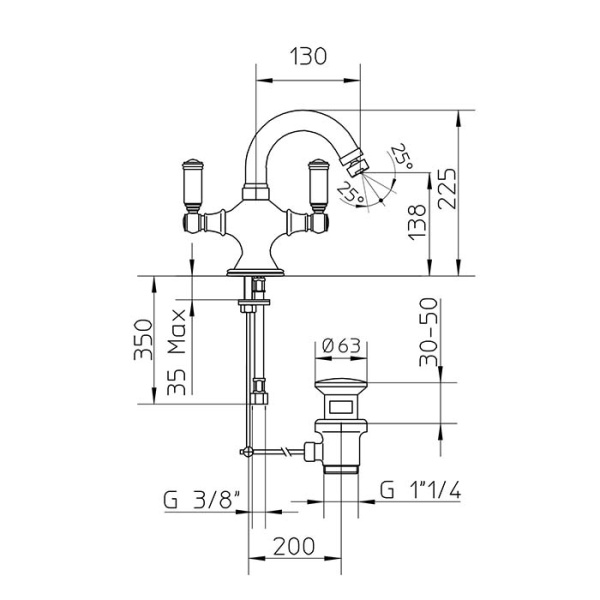 смеситель для биде bossini liberty z001401.094 на 1 отв., с поворотным изливом и заглушкой 1”1/4, цвет: никель матовый