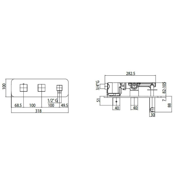 комплект bossini cube z005354.030:термостат для душа, встраиваемый, с девиатором на 2 выхода, с держателем с водорозеткой, подключение на 3/4”, цвет: хром