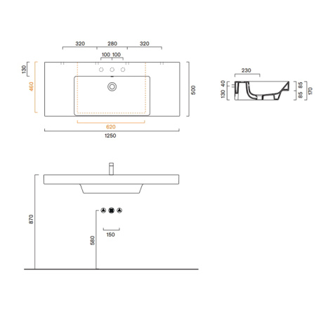 раковина catalano zero 125x50 см, с 1 отв., белый глянцевый