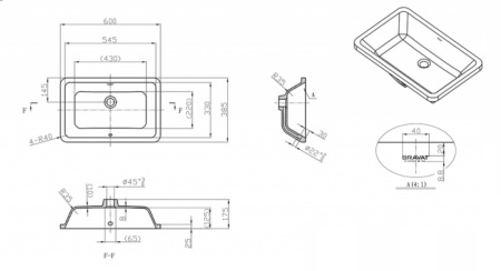 раковина встраиваемая bravat c22171w-eng 60 x 38.5 x 16 см белый