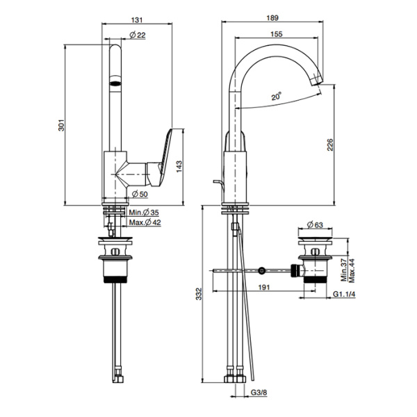 смеситель fima carlo frattini spot f3011ns.es для раковины, на 1 отв., с донным клапано, чёрный матовый