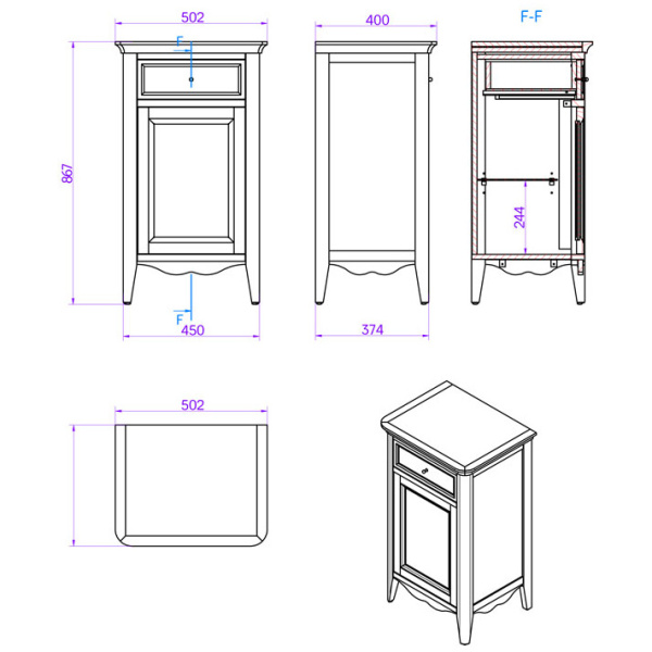 tw collection tw veronica nuovo тумба напольная с 1-й дверцей, 1-м выдвижным ящиком, доводчиками blum, ручки бронза, sx - петли слева цвет: noce