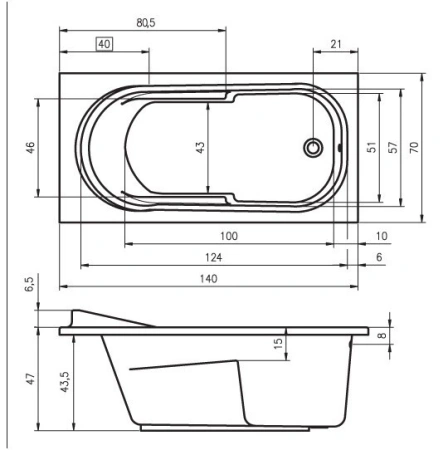 акриловая ванна riho columbia 140x70 b004001005 (ba0500500000000) без гидромассажа