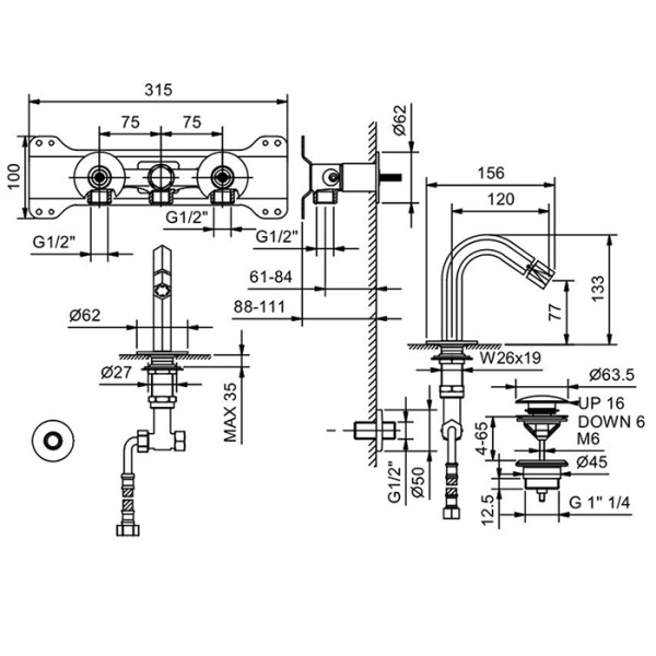 fantini fantini venezia смеситель для биде, 1 отв., излив: 120 мм, цвет: matt gun metal pvd