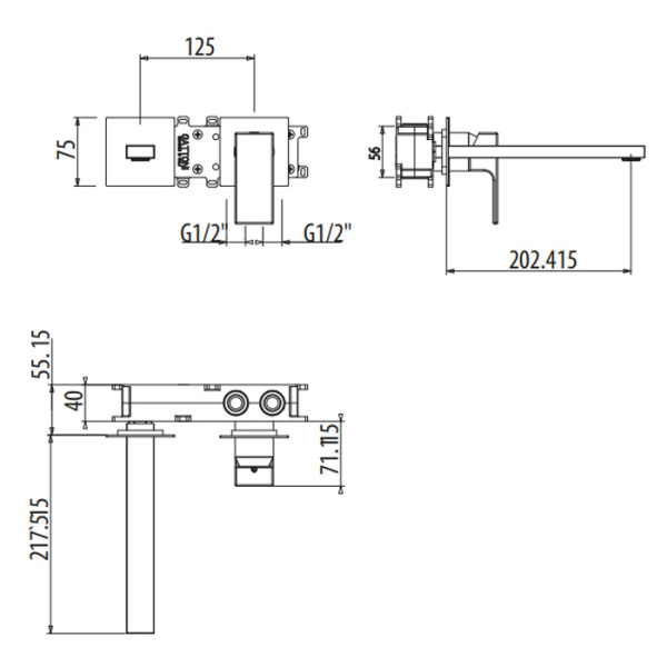 смеситель встраиваемый gattoni kubik 2539/25c0, с внутренней частью g-box, излив 202 мм, цвет: хром