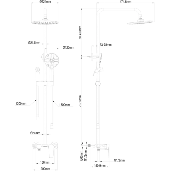 душевая система wonzon & woghand ww-a30874-mb 224 мм, со смесителем, черный матовый