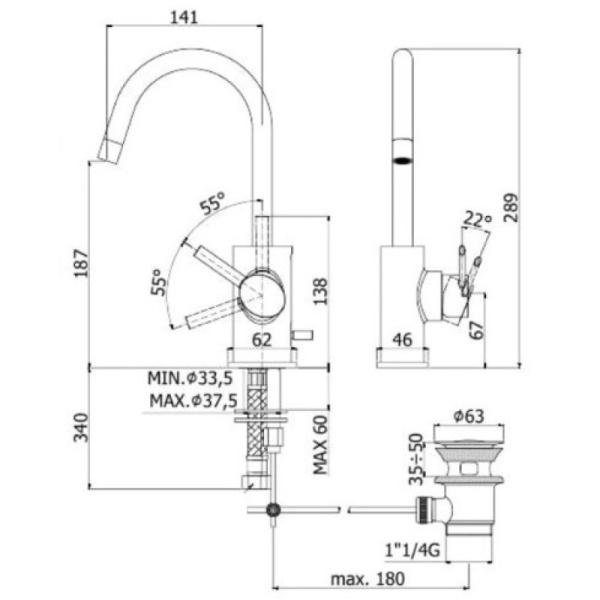 смеситель paffoni berry br077cr для раковины, с донным клапном, высота излива 14.1 см, хром глянцевый