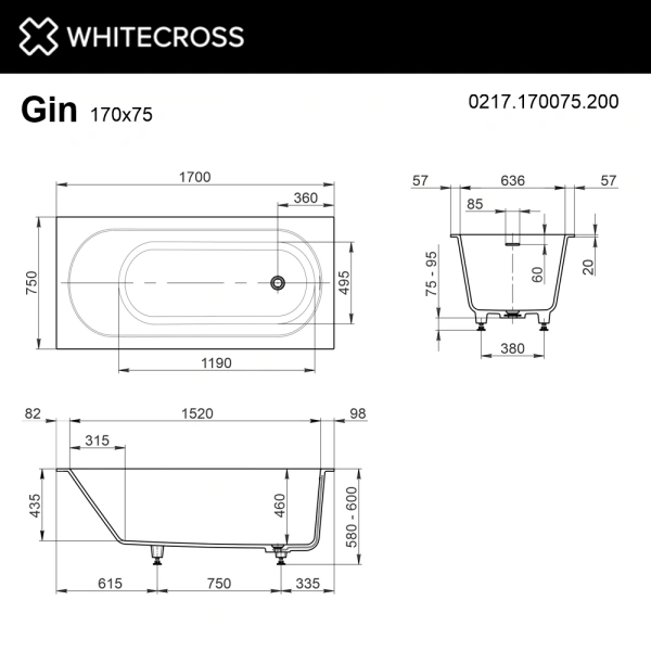 ванна whitecross gin 0217.170075.200 встраиваемая, с регулируемыми ножками и сифоном, композит, 170x75 см, белая матовая