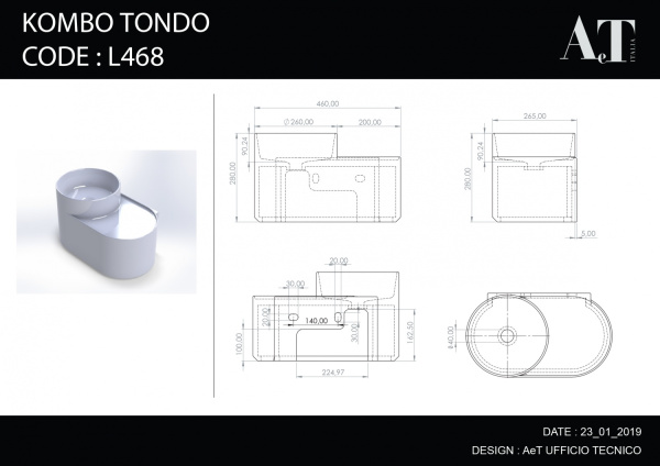 раковина подвесная 46х21 см aet kombo tondo l468t0r1v1100, белая.