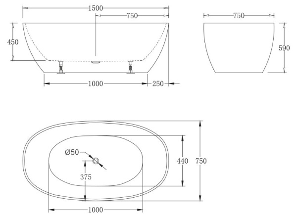 акриловая ванна belbagno 150x75 bb81-1500-w0 без гидромассажа