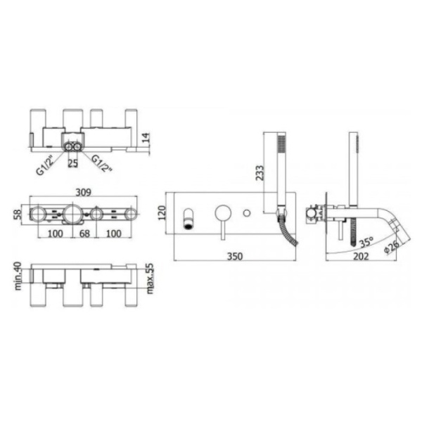 смеситель paffoni light lig001hg для ванны, с душевым гарнитуром, встраиваемый, излив 20.2 см, золотой